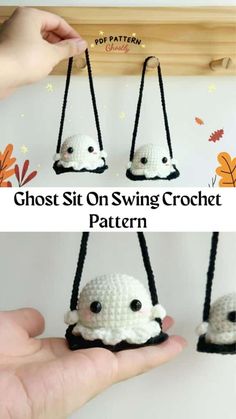 crocheted ghost sitting on swing with text overlay that says,'ghost sit on swing crochet pattern '