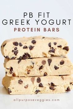 three chocolate chip protein bars stacked on top of each other with the text, pb fit greek yogurt protein bars