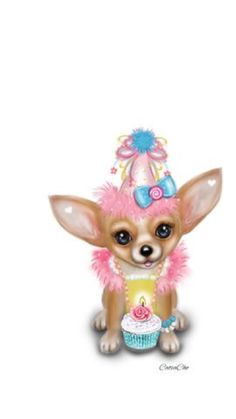 a small chihuahua wearing a birthday hat and holding a cupcake