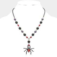 Purple Red And Black Beaded Spider Halloween Necklace Pendant Chain Scary Spooky Statement Fashion Jewelry Accessory Necklace Size : 18.5" + 3.25" L Pendant Size : 1.5" X 2.25" Theme: Bug, Halloween Color: Jet Black Purple, Red J 9131 N Bundle To Save On Shipping Gothic Halloween Necklace With Lobster Clasp, Black Halloween Necklace With Lobster Clasp, Black Gothic Necklace With Lobster Clasp, Gothic Black Necklace With Lobster Clasp, Halloween Black Metal Necklace, Adjustable Black Vampire Style Necklaces, Adjustable Black Vampire Necklace, Gothic Beaded Necklaces For Halloween, Halloween Gothic Beaded Necklace