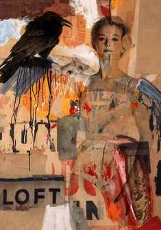 a collage of mixed media images with a black bird perched on top of a woman's head