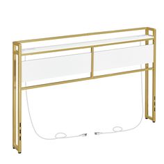 a gold and white bed frame with two drawers on each side, connected to an outlet