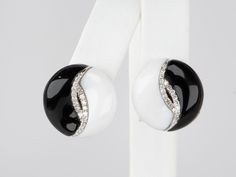 ♥ 14K White Gold Black and White Onyx Earrings with Diamond ♥ Each earring measures about 17mm in size ♥ Material: 14K Gold ♥ Gemstone: Onyx; Diamond, 0.25ct Black Diamond Earrings With Accents For Formal Events, Black Diamond Earrings With Accents For Formal Occasions, Formal Black Diamond Round Earrings, Black Earrings With Diamond Accents, Formal Round Black Diamond Earrings, Luxury Black Round Clip-on Earrings, Luxury Black Round Diamond Earrings, Elegant Onyx Earrings With Polished Finish, Luxury Onyx Drop Earrings