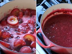 two pictures showing the process of cooking plums and nectarines in a saucepan