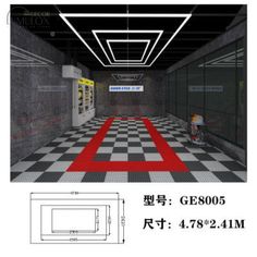 an image of a room with checkered flooring and red lines on the floor