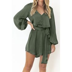 Army Green Puff Sleeve V Neck Button Belted Mini Dress V-neck Shirt Dress With Buttons, Long Sleeve Button Dresses For Brunch, Spring Mini Puff Sleeve Dress With Button Closure, Long Sleeve Puff Sleeve Dress With Buttons For Spring, Spring Long Sleeve Puff Sleeve Dress With Buttons, Spring Puff Sleeve Long Sleeve Dress With Buttons, Spring Puff Sleeve Dress With Buttons, Chic Long Sleeve Puff Sleeve Dress With Buttons, Knee-length Buttoned Mini Dress For Brunch