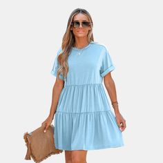 Think comfy can't be stylish? Think again. The Blue Round Neck Short Sleeve Drop Shoulder Mini Dress in cozy jersey fabric proves that comfort and style are best friends. Perfect for those days when you want to look great with zero effort. Whether you're attending a brunch with friends or a special evening event, this dress will ensure you stand out with style and sophistication. Product code: CAA05A3E49SS Mini Beach Dress, Cupshe Dress, Sky Blue Dress, Maxi Bodycon Dress, Beach Mini Dress, Mini Skater Dress, Flare Mini Dress, Trending Dresses, Women Dress