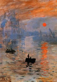 a painting of boats in the water with a red sun behind them and an orange sky