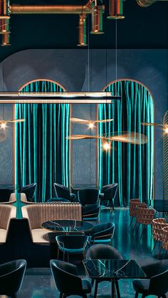 the interior of a restaurant with blue curtains and black chairs