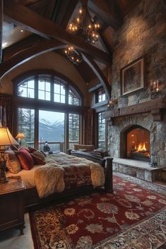 a large bedroom with a fireplace in the corner and a red rug on the floor