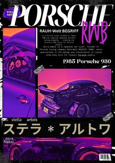 the front cover of a magazine with an image of a car in purple and black