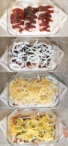 four glass casserole dishes filled with different types of food