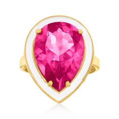 Ross-Simons - 12.00ct Pink Topaz Ring, White Enamel in 18kt Yellow Gold Over Sterling. Size 8. Stop them in their tracks with this fabulous hot pink statement! Our cocktail ring sports a sizable 12.00 carat pear-shaped pink topaz bordered by bright white enamel that invites the gemstone color to truly shine. Crafted in polished 18kt yellow gold over sterling silver. 7/8" wide. Pink topaz ring. Pink Topaz Ring, Topaz Color, Pink Topaz, Natural Gold, Enamel Ring, Bling Rings, Gold Plated Rings, Treasure Chest, Topaz Ring