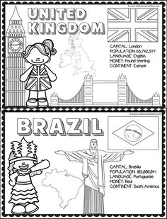 the united kingdom and brazil coloring pages are shown in black and white, with an image of