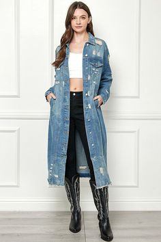 Oversized Ripped Jeans For Spring, Medium Wash Ripped Long Sleeve Outerwear, Ripped Medium Wash Long Sleeve Outerwear, Ripped Long Sleeve Medium Wash Outerwear, Ripped Denim Blue Outerwear For Fall, Oversized Denim Jeans For Fall, Oversized Jeans With Frayed Hem For Spring, Oversized Spring Jeans With Frayed Hem, Winter Button-up Denim Jeans