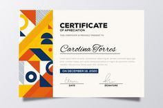 a certificate is shown with colorful geometric shapes and lines on the front, along with an orange background