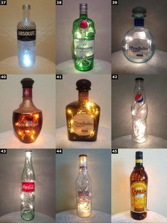 bottles with lights in them sitting next to each other