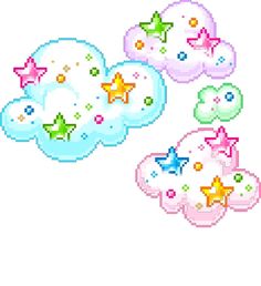 four pixel style clouds with stars on them