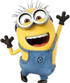 a cartoon minion wearing overalls and holding his arms in the air