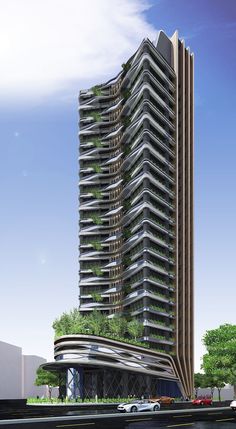 an artistic rendering of a tall building with trees growing on the top and bottom floors