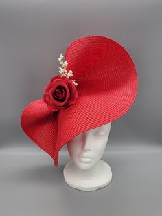 Luxury Red Hat Bands For Kentucky Derby, Red Adjustable Fascinator With Curved Brim, Red Fascinator For Kentucky Derby Wedding, Red Curved Brim Fascinator For Church, Red Fascinator For Wedding At Kentucky Derby, Red Summer Fascinator For Garden Party, Red Fascinator For Kentucky Derby Church Events, Adjustable Red Fascinator For Church, Red Fascinator For Church And Kentucky Derby