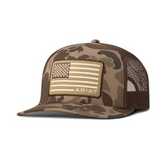 Ariat Camo American Flag Hat Ariat Mens Cap Brown 5 Panel Structured American Flag Patch Snap Back Closure 100% Polyester Front 100% Polyester Mesh Brown Military Hat With Curved Brim, Brown Military Trucker Hat, Military Style Brown Hat With Curved Brim, Brown Military Style Trucker Hat, Military Style Brown Baseball Cap With Flat Bill, Brown Military Flat Cap, Military Style Brown Flat Cap, Brown Military Style Flat Cap, Military Style Brown Baseball Cap