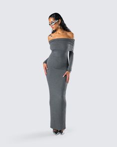 Be the chicest one in the room in this charcoal grey maxi dress 👏 With a simple, yet sleek design - this dress made from soft stretch rib fabric is complete with an off-shoulder design, a folded overlay, and long sleeves 🖤 Ribbed Maxi Dress For Date Night, Fall Off-shoulder Maxi Dress For Date Night, Grey Maxi, Off Shoulder Maxi Dress, Grey Maxi Dress, Rib Fabric, Grey Dress, In The Room, Cargo Pant