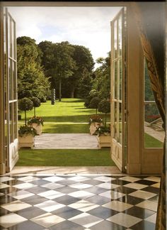 an open door leading to a lush green park