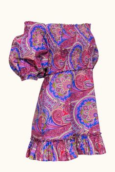 Get boho-chic with the romantic ruffled "Alona" dress from Alexis, featuring a playful off-the-shoulder design and billowy blouson sleeves. The brightly colored paisley print adds a touch of whimsy to this lightweight cotton poplin dress. Complete the look with chunky white heels for the perfect summer style. Size S 100% Cotton Unlined Off-the-shoulder Hidden back zip Smocked bodice Straight neckline Puff sleeve w/ elastic cuff Blue, yellow, red & green print Mini length Ruffled hem A-line Bust 28" Waist 28" Shoulder to hem (from neckline) 27" Sleeve length 14" Pink Paisley Print Mini Dress For Summer, Pink Mini Dress With Paisley Print For Summer, Multicolor One-shoulder Ruffle Dress, Bohemian Multicolor Off-shoulder Mini Dress, Bohemian Off-shoulder Multicolor Mini Dress, Purple Off-shoulder Dress For Vacation, Purple Paisley Print Dress For Summer, Summer Purple Dress With Paisley Print, Summer Purple Paisley Print Dress