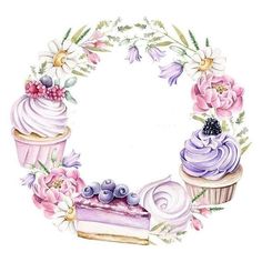 a watercolor painting of cupcakes and flowers on a white background with the letter o