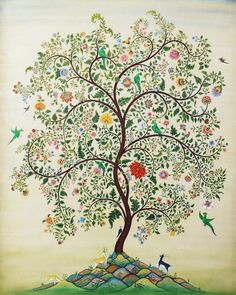 a painting of a tree with birds and flowers on it's branches, in the middle