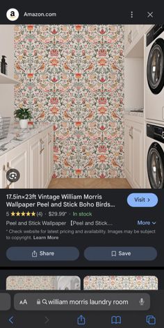 the app shows an image of a kitchen and laundry room with wallpaper on it