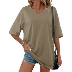 Amoretu Women's V-neck oversized plain T-shirt is just what you need! Comfy and cozy with a little extra room. The soft and lightweight T-shirt provides you with a pleasant wearing experience, making you want to wear it every day. V-neck T-shirt with leggings or jeans is the most beautiful scenery on the street. The loose top is easy to create in an oversized/boyfriend style. The loose tunic covers the hips and belly very well, which is suitable for most ladies. Size: XL.  Color: Brown.  Gender: Most Beautiful Scenery, Tops For Women Casual, Oversized Tee Shirt, V Neck Tunic, Pretty Shirts, Half Sleeve Blouse, Womens Tops Summer, Oversized Top, Loose Tops