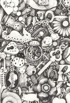 a black and white drawing of many different things in the air with flowers, hearts, butterflies