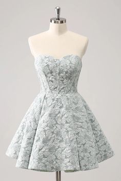 Grey Green A-Line Strapless Floral Short Homecoming Dress – Buyishang Dresses Strapless Midi Dress For Banquet, Strapless Fitted Bodice Dress For Banquet, Strapless Dress With Fitted Bodice For Banquet, Strapless Dress For Prom Season Banquet, Strapless Lace Evening Dress For Banquet, Strapless Banquet Dress For Prom Season, Strapless Dress For Banquet Prom Season, Strapless Dress For Banquet And Prom Season, Strapless Mini Dress For Banquet During Prom Season