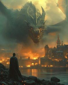 a man standing in front of a large dragon on top of a city at night