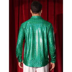 Wearing men's long sleeves metallic printed shirts adds a touch of visual interest to your outfit, making it stand out in a crowd. The shiny metallic shirts are perfect for dance party, role play, theme party, cosplay, music festivals, cocktail, and so on. Great gift for your friend, boyfriend, and your father. Metallic Long Sleeve Disco Top, Long Sleeve Party Shirt, Long Sleeve Party Shirt For Party Season, Long Sleeve Tops For Costume Party, Long Sleeve Party Tops For Festivals, Long Sleeve Tops For Party And Festivals, Metallic Long Sleeve Holiday Tops, Holiday Metallic Long Sleeve Tops, Metallic Long Sleeve Tops For Party Season