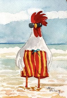 a painting of a rooster standing on top of a red and yellow striped towel at the beach