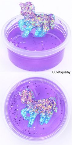 two plastic containers filled with purple liquid and a small pony figure in the middle one has glitter on it