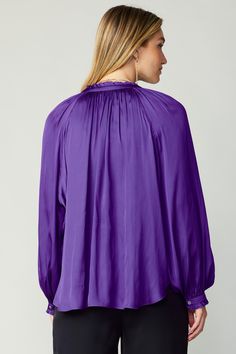 This split-neck popover blouse is accented by raw-edged ruffles and dainty self-tie detailing for a feminine touch. It's relaxed and easy to wear—perfect for dressing up your everyday look. •Split neckline with self-tie •Raw-edged ruffle trim •Long sleeves •Button cuffs •Relaxed fit item number 2330080-1 100% Polyester Hand wash cold Dress Design Sketches, Dressing Up, Dress Design, Ruffle Trim, Item Number, Everyday Look, Ruffles, Designer Dresses, Split