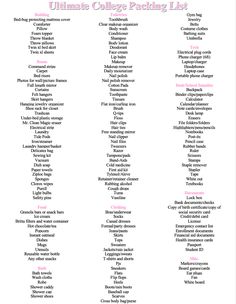 the ultimate college packing list is shown in pink and white, with words above it