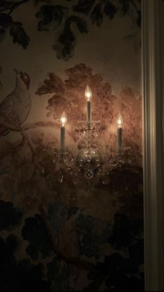 three candles are lit on a wall in a room with floral designs and birds painted on the walls