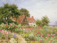 a painting of a house in the middle of a field full of flowers and trees