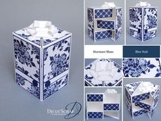 an image of blue and white tissue boxes with flowers on the front, side, and top