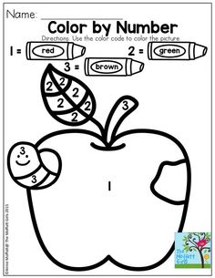 color by number worksheet with an apple and two crayons on it