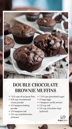 chocolate brownie muffins are sitting on a plate with the recipe below it