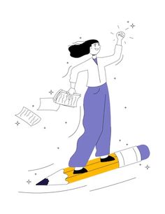 a drawing of a person on a pencil with papers flying in the air above them