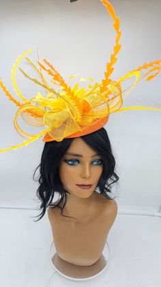 Beautiful extra large lightweight orange hat with oganza and yellow flowers adorning it.   Kentucky derby hat adorn with feathers.   Head = Adjustable with strings up to 22 inches - Ready to ship  - Lightweight - Free Shipping - Fast shipping - Customize by adding different color flowers and or feathers Check my store for styles and colors.  Hatsandpearls.etsy.com Find more at my website: Www.hatsandpearls.com  Reach out to me if you can't find what you are looking for.  I can make cake custom o Orange Hat Fascinator For Party, Spring Orange Fascinator With Curved Brim, Orange Party Fascinator With Curved Brim, Elegant Orange Brimmed Hat, High-end Yellow Mini Hat For Kentucky Derby, Orange Hats, Tea Party Hats, Wedding Fascinators, Kentucky Derby Hat