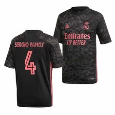 the jersey worn by real madrid's soccer team is shown in black and pink