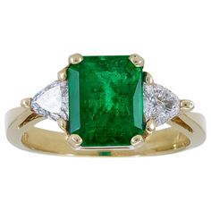 2.59 Carat Green Emerald and Trillion Diamond Three-Stone Engagement Ring | From a unique collection of vintage Engagement Rings at https://www.1stdibs.com/jewelry/rings/engagement-rings/. Luxury Gia Certified Trillion Cut Emerald Ring, Luxury Gia-certified Trillion Cut Emerald Ring, Luxury Trillion Cut Emerald Ring For Formal Occasions, Luxury Trillion-cut Emerald Ring, Gia Certified Trillion Cut Emerald Wedding Ring, Green Trillion Cut Diamond Ring, Green Emerald Ring With Three Stone Baguette Cut, Gia Certified Trillion Cut Emerald Rings, Three-stone Emerald Cut Green Emerald Ring